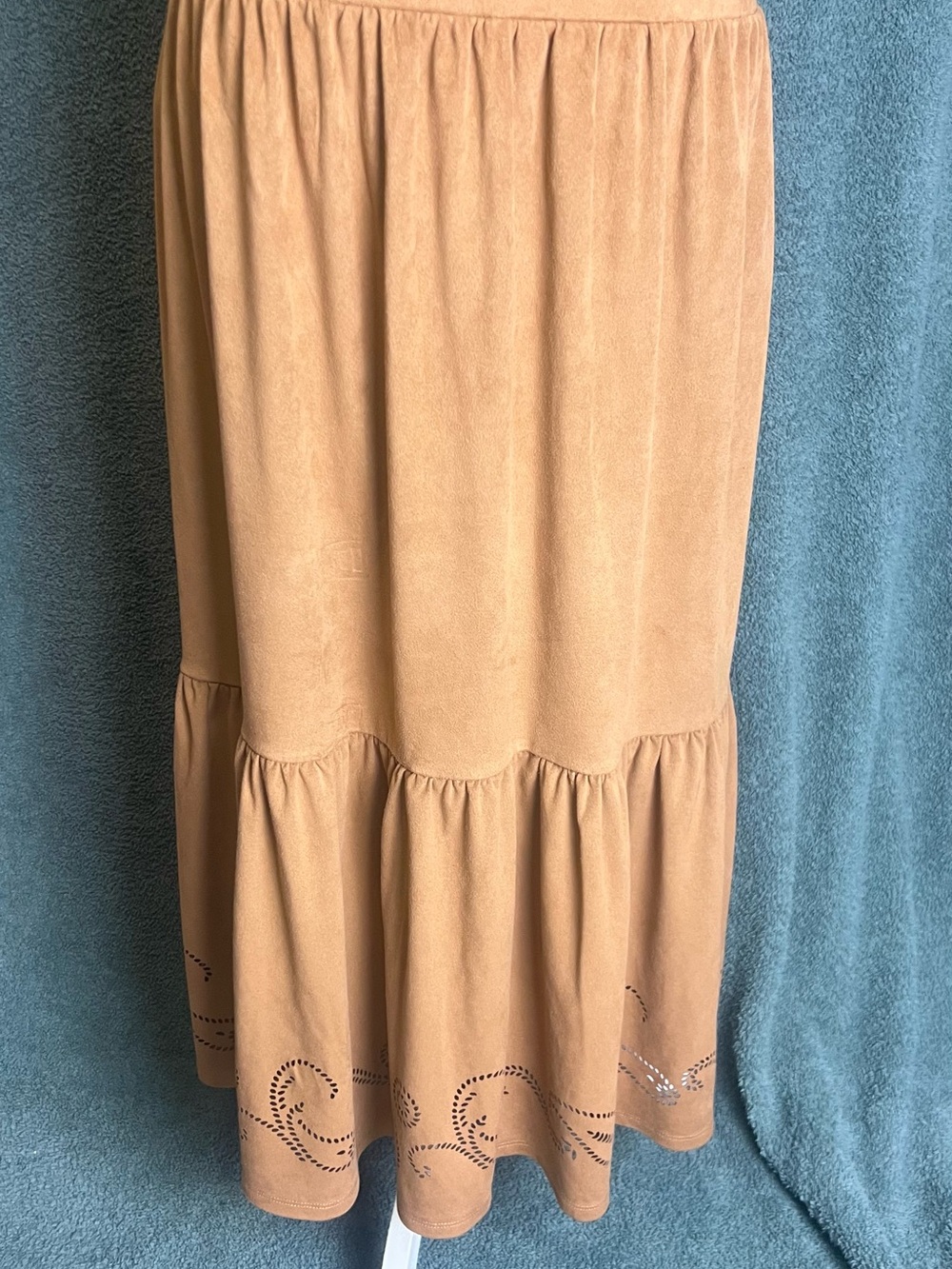 Cupio Tan Tiered Suede-Look Maxi Skirt with Laser-Cut Hem